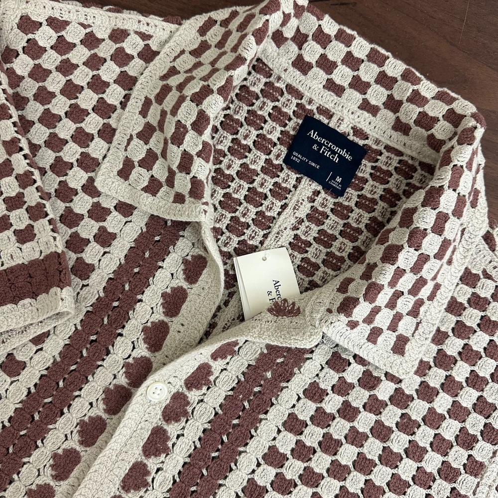 Abercrombie & Fitch Sweater Polo Shirt Cream Brown Crochet Border Stripe Mens M